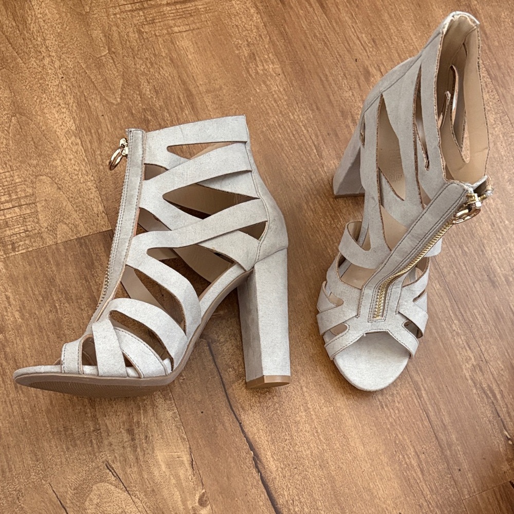 Charlotte Russe Taupe Suede Cutout Strappy Block Heel Sandals with Gold Zipper